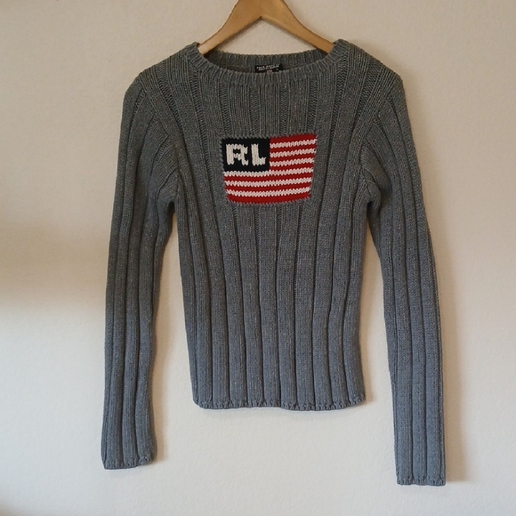 Polo Ralph Lauren Sweaters - Vintage 90s Ralph Lauren Polo Jeans Thick Gray Ribbed Sweater With American Flag